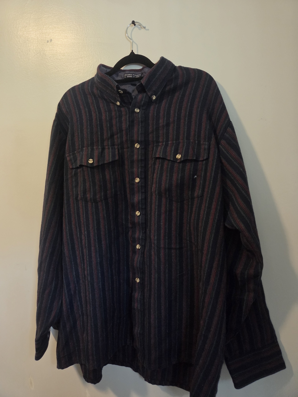 Classic Button-Down Striped Flannel Shirt - Navy/Burgundy